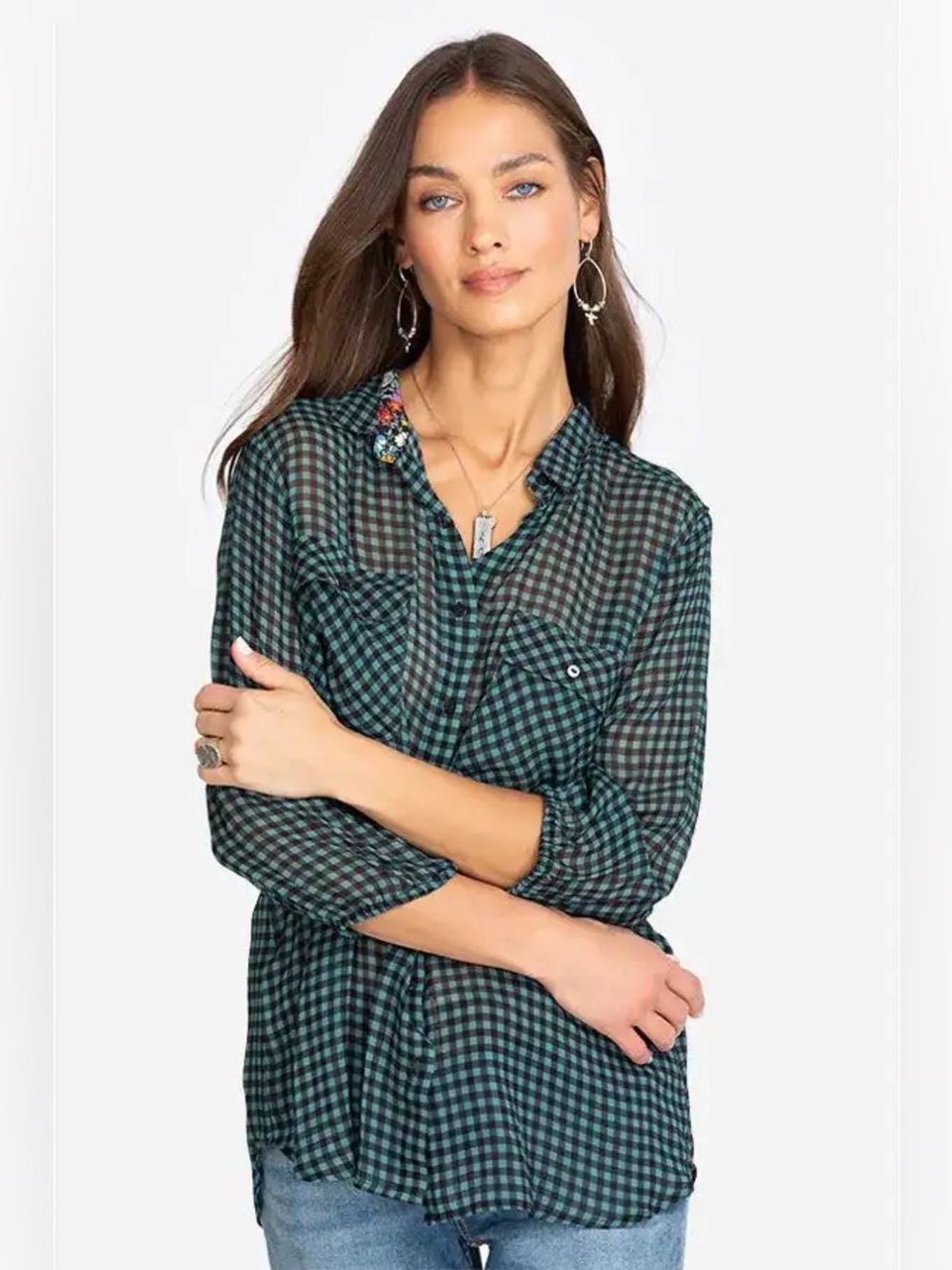 Johnny Was Jetta Striped Button Down Blouse Boho Chic Women Size M